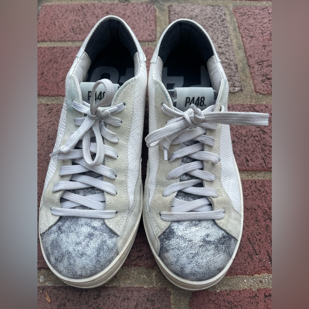 P448 white and silver leather sneakers
